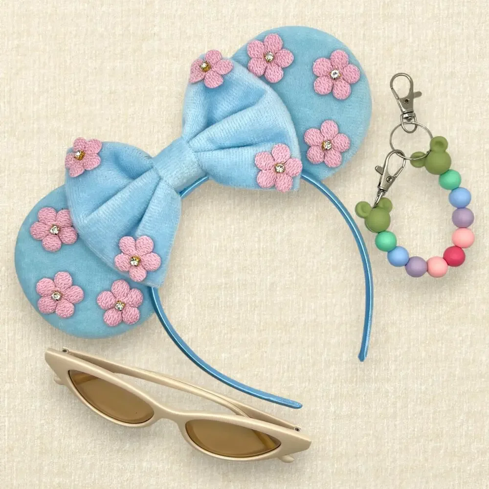 Pastel Blue Velvet Pink Floral Minnie Ears | Disney-Inspired Mouse Ears